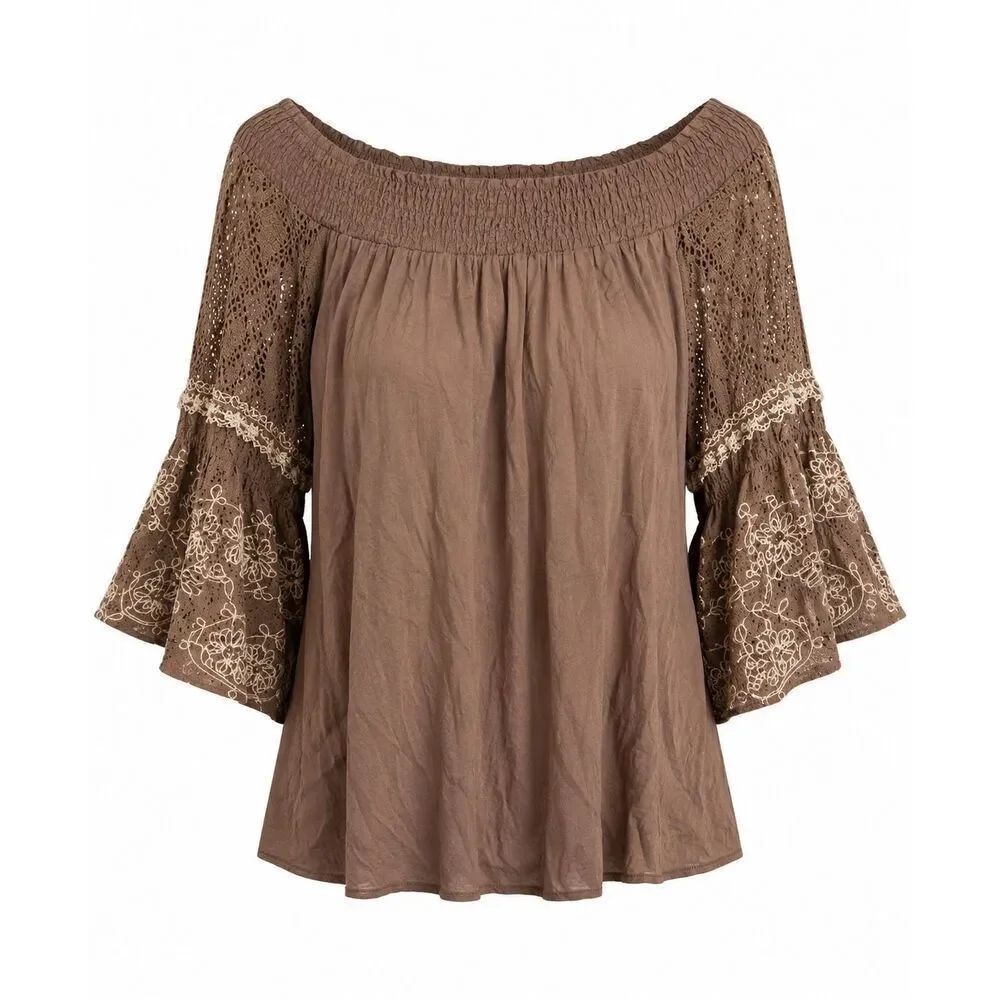 Origami Off the Shoulder Blouse S Boho Peasant Top Crochet Flounced Bell Sleeve